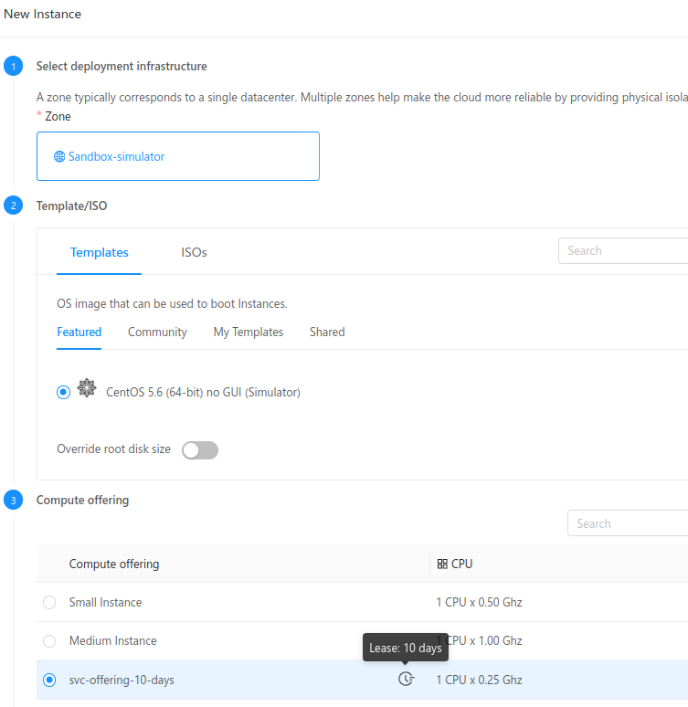 Deploy Instance with lease compute offering dialog box