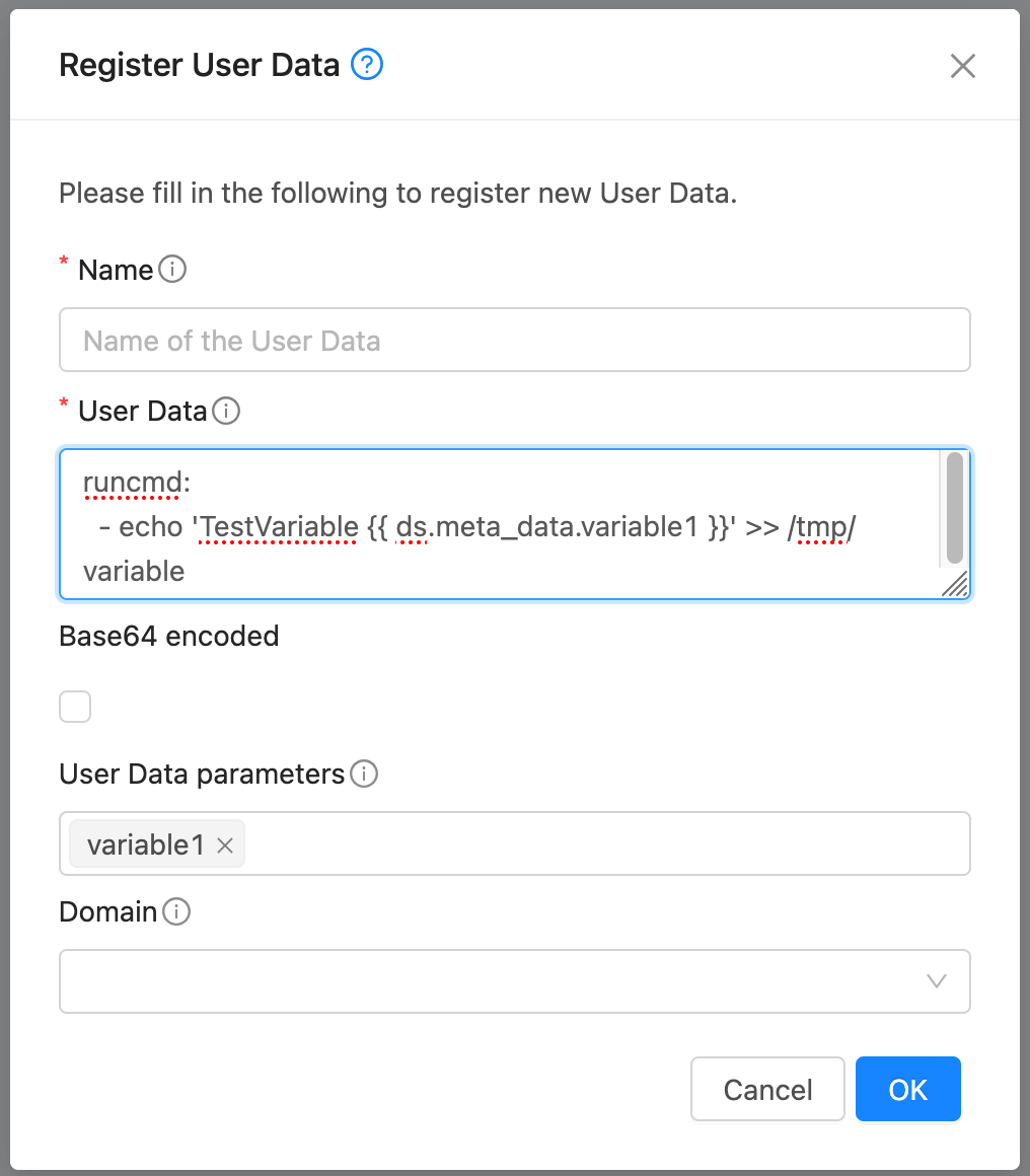 Register User Data with variables dialog box